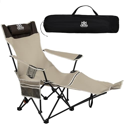 Reclining Camping Chair with Adjustable Backrest – Heavy-Duty Folding Chair Supports 550 lbs – Cup Holder, Side Pocket, Carry Bag – Portable & Durable Outdoor Chair for Camping, Beach, Lawn