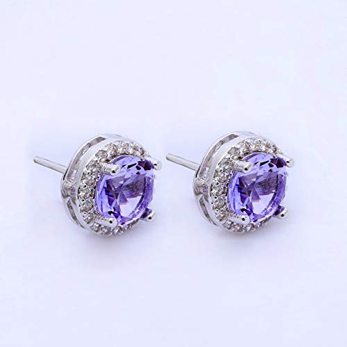 Amyjane Amethyst Jewelry Set For Bridesmaids - Sterling Silver Round Purple Cubic Zirconia Crystal Bridal Pendant Necklace Earrings Set For Wedding Bride Bridesmaids #TOP7