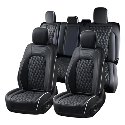 Image of Coverado Premium Leather Full Set Seat Covers Waterproof Heavy-Duty Protectors Custom Fit for Ford F150 (2015-2026) F250 /F350 /F450 (2017-2026)-Black w /White Stitching, Wear-Resistant