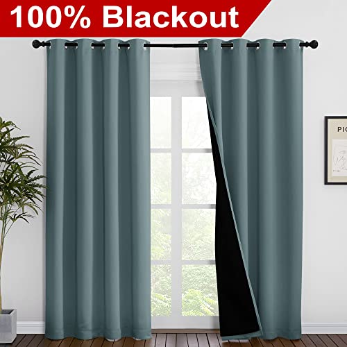 Image of NICETOWN 100% Blackout Curtains 86 inches Long, Pair of Energy Smart & Noise Blocking Out Drapes for Baby Room Window, Thermal Insulated Guest Room Lined Window Dressing(Greyish Blue, 55 inches Wide)