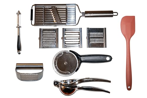 Set de Cocina con 6 Utensilios Esenciales: Rallador, Exprimidor de Limones, Espátula de Silicona, Pelador de Verduras, Prensa de Ajos y Cortador de Pizza - Acero Inoxidable