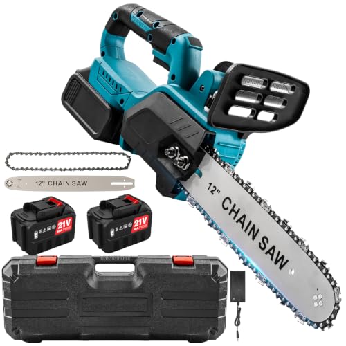Tronçonneuse sans fil 12 pouces, tronçonneuse électrique 1 500 W, batterie 18 V, livrée avec 2 batteries de 4,0 Ah, moteur sans balais haute performance, adaptée à l'abattage d'arbres et à l'élagage