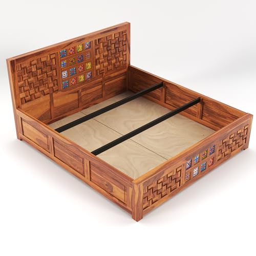 Image of Sheesham Wood Niwar Queen Size Bed with Box Storage for Living Room Wooden Furniture for Home (Honey Brown)