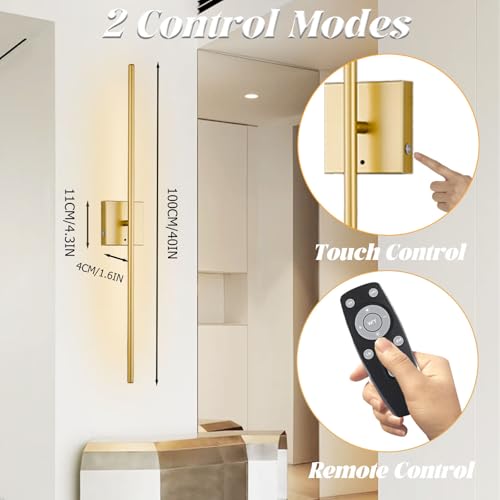 Image of 40 Inch Wireless Wall Sconces Set of 2, Rechargeable Battery Operated Wall Sconce With Remote & Touch, 8000mah, 3 Color Modes, Magnetic, 360 Rotate, for Bedroom, Living Room, Hallway Decor, Gold