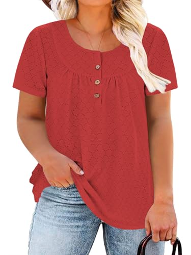 Image of VISLILY Womens-Plus-Size-Summer-Tops Buttons Up Henley Shirts Flowy Pleated Tunics Trendy Eyelet Short Sleeve Blouses