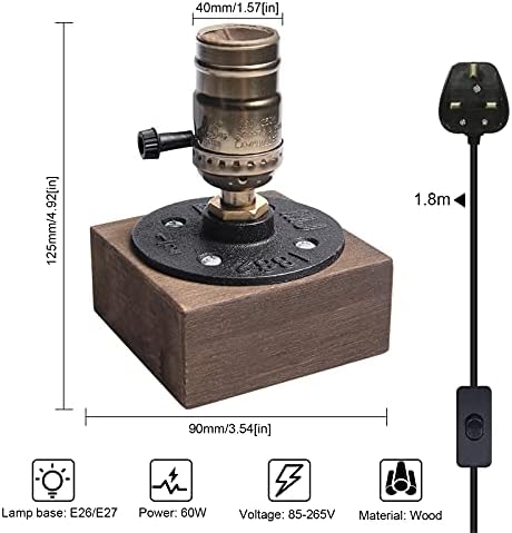 Luxvista E27 Vintage Wooden Table Lamp Base, Industrial Edison Desk Lamp Holder with UK Plug, Rustic Bedside Desk Lamps for Cafe Bar Bedroom Living Dining Room Decoration (Bulb Not Included)