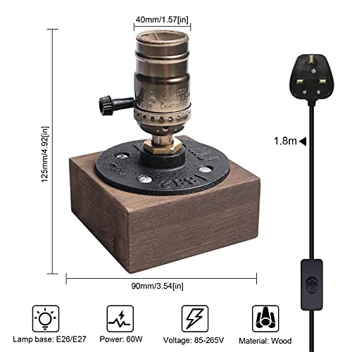 Luxvista E27 Vintage Wooden Table Lamp Base, Industrial Edison Desk Lamp Holder with UK Plug, Rustic Bedside Desk Lamps for Cafe Bar Bedroom Living Dining Room Decoration (Bulb Not Included)