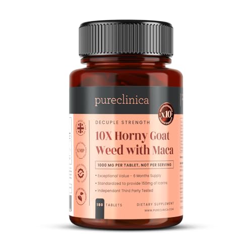 pureclinica Horny Goat Weed & Maca 1000mg Tablets, 180 Count (6 Month Supply), 10X Icariins, with Black Pepper for 300% Absorption, Energy, Libido & Performance Support