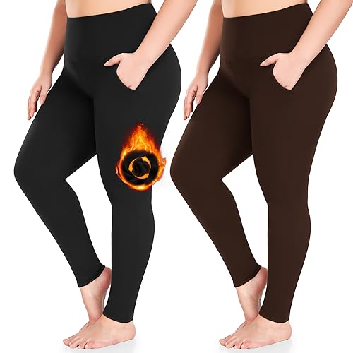 FULLSOFT 2 Pack Women's Plus Size Fleece Lined Leggings-Thermal High Waist Stretchy 1X-4X Yoga Pants for Winter Workout