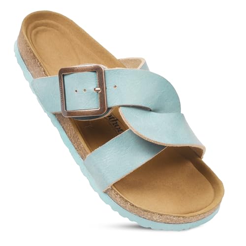 AEROTHOTIC Cork Recovery Slides for Women with Plantar Fasciitis Relief Comfortable Footbed with Adjustable Buckle Cross Strappy Slip on Travel Walking Beach Ladies Sandals (Kai Turquoise, Size 10)