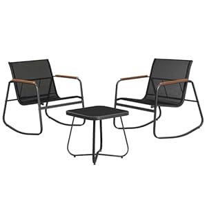 SONGMICS Gartenmöbel-Set, Balkonmöbel, 2 Schaukelstühle mit Tisch, Stahl, Terrassenmöbel, mit Armlehnen, atmungsaktives Kunstfasergewebe, Terrasse, Balkon, Garten, tintenschwarz GGF0027B01