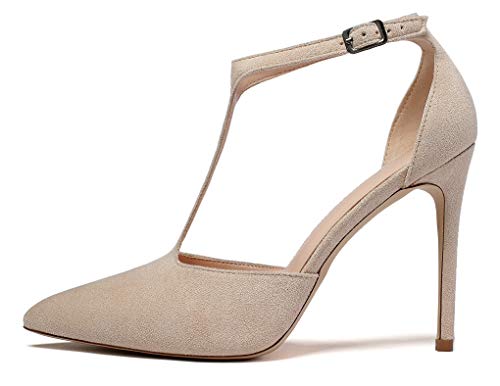 Mettesally Women's Pointed Toe Stilettos T-Strap High-Heels D'Orsay Mary Jane Dance Shoes for Women Sexy Closed toe Nude US7