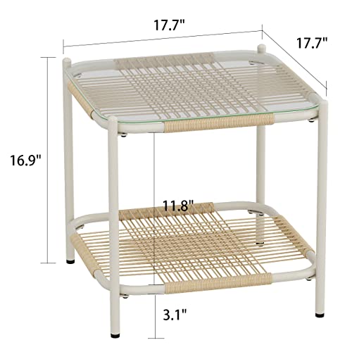 Lovinouse Night Stand 2 Pcs，2 Layers Indoor Modern Glass Rattan End Table Coffee Table, Outdoor Waterproof Side Table Bedside Furniture With Adjustable Feet For For Living Room, Bedroom, White #TOP2