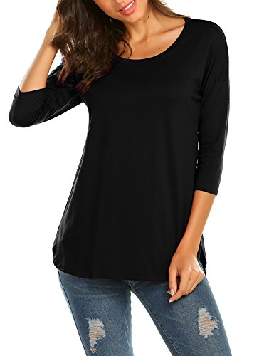 Sherosa Women's 3/4 Sleeve Scoop Neck T-Shirt Blouse Tunic Tops With Side Split (M, Black) #TOP1