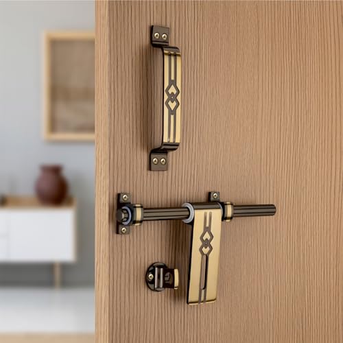 Image of COMPASS Seiko Stainless Steel Heavy Single Door Fitting Accessories Full Set /Kit (1 Aldrop, 1 Latch, 2 Handles, 1 Tower Bolt and 1 Door Stopper | 10 inch | Vintage Finish