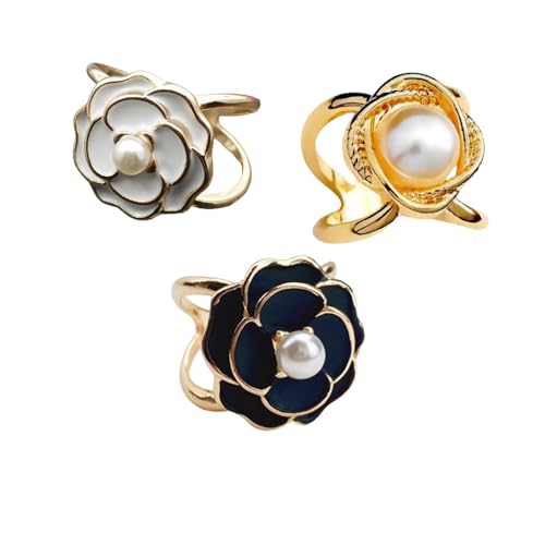 Women's Elegant Pearl Floral Scarf Ring Clip, Metal Hollow Out X Shape Camellia Flower Scarf Buckle