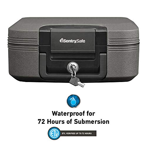 SentrySafe Fireproof and Waterproof Chest Box with Key Lock, Black Travel Safe with Interior Lighting and Carrying Handle, 0.28 Cubic Feet, 6.6 x 15.4 x 14.3 Inches, CHW20205