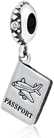 Soulbead 925 Sterling Silver World Travel Passport with Clear Crystal Stones Dangle Bead for European Bracelet Compatible (Airplane Charm Passport)