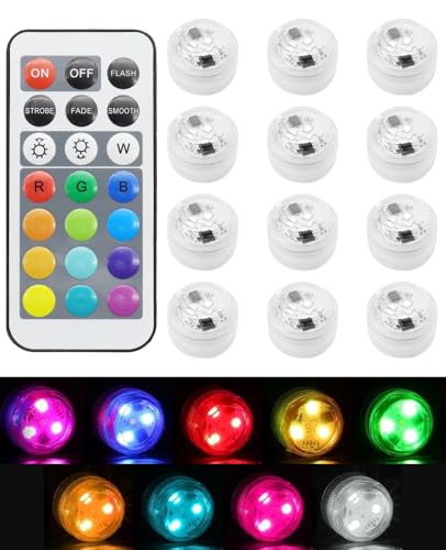 atnayo 12 PCS Small Submersible LED Light, 13 Colour Changing RGB Waterproof Tea Lights with Remote Control for Aquarium Pool Tub Vase Party, Bath, Wedding
