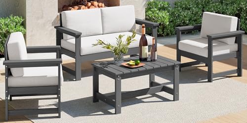 SERWALL 4 Pieces HDPE Outdoor Sofa Set with Cushions, All Weather Use Loveseat Furniture Sofa Set, Outdoor Conversation Couch with Coffee Table for Patio, Grey Frame with Khaki Cushions