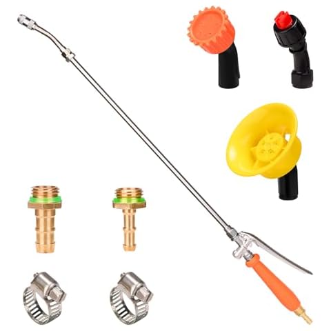 Sprayer Wand with 4 Different Types of Nozzles, Replacement Sprayer Wand with 1/4" & 3/8" Brass Barb for Most Sprayer Hoses, Built-in Stainless Steel & 2 Hose Clamps Cover