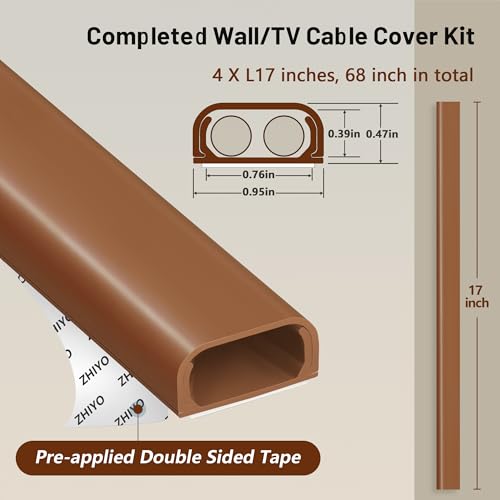 Image of ZhiYo Cable Hider Raceway Kit, 68in (4X L17in) Wire Hiders for TV on Wall, Paintable Cord Cover Channel, Cord Hider for Wall Mounted TV in Home Office, 0.95in (W) x 0.47in (H), Brown