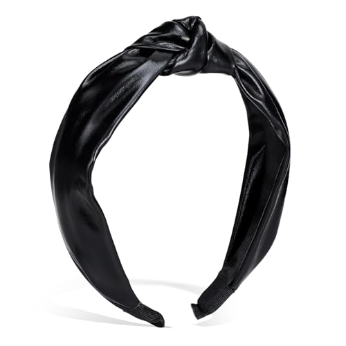 Ptwola Diadema para mujer, de cuero negro, con nudo superior, antideslizante, ancha, para yoga, a la moda, elástica, accesorios grandes para el cabello para niñas