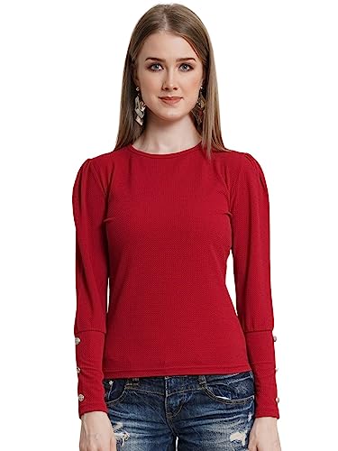 Image of POPWINGS Casual Solid Puff Button Long Sleeves Top for Women || Summer Round Neck Stylish Western Top for Jeans