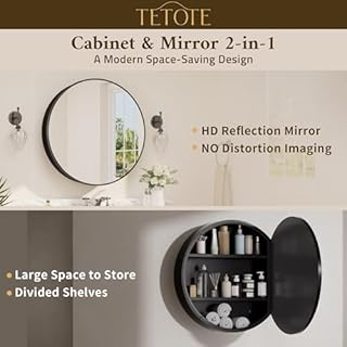 TETOTE 20 x 20 Inch Medicine Cabinet Mirror Black Framed Round Mirrored Medicine Cabinets for Bathroom Adjustable Shelves Modern Bathroom Mirror with Storage Wall Mounted