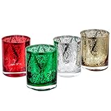 MyGift 12 oz Holiday Multicolor Double Old Fashioned Glasses with Etched Baroque Pattern, Metallic Gold Silver Red Green Color Lowball Whiskey Drinking Glass, 4 Piece Set