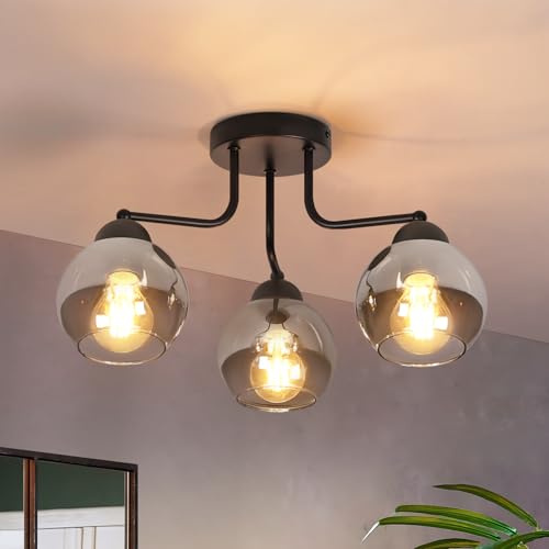 Kowanie Plafonnier en verre noir : lampe de cuisine vintage 3 ampoules industriel E27 culot boule éclairage de plafond rond pour cuisine, salon, chambre à coucher - Sans ampoule