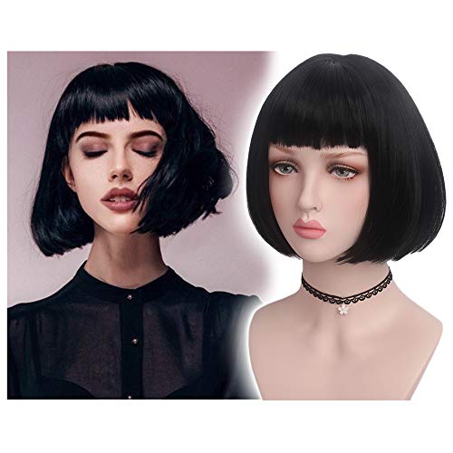 REEWES Kurzer Schwarzer Bob Frauen Perücken Gerade Perücke mit Pony für Frauen Natürliche Synthetische Haar Perücken Täglicher Gebrauch Cosplay Party Karneval Kostüm Fancy Dress Cover