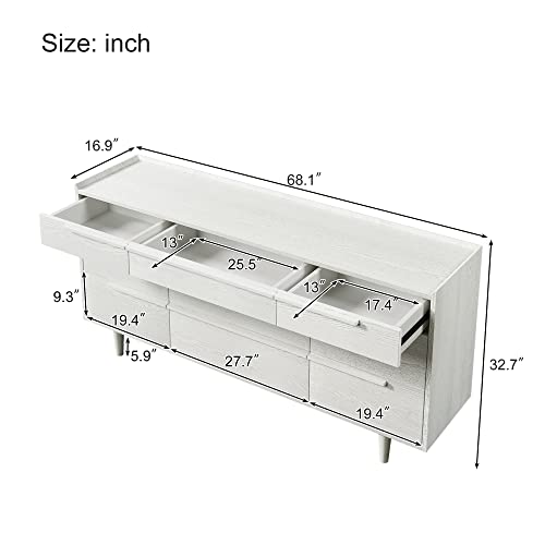 Minimalist Solid Wood Legs 9 Drawer Dresser, Modern Ash And Hardwood Veneer Chest Of Drawers, Strip Wood Handle Side Cabinet, Storage Cabinet & Wardrobe For Bedroom, Living Room, Entryway(White) #TOP1