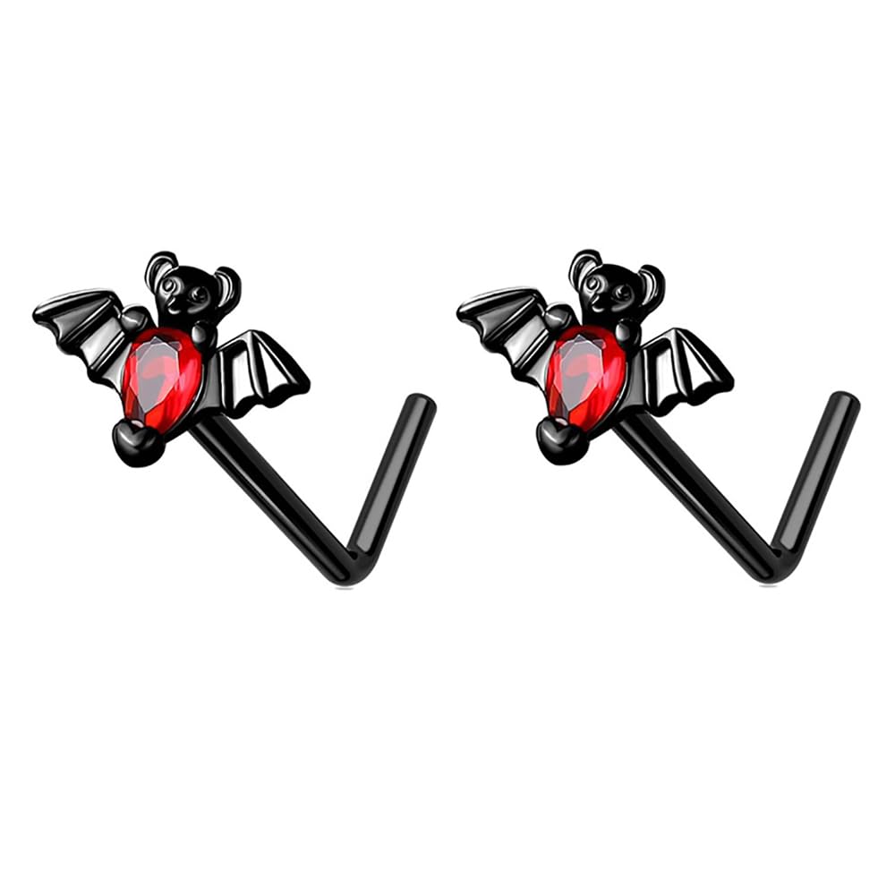 Niaspi 2Pcs 20G Black Bat L-Shaped Nose Studs Rings Surgical Stainless Steel Cubic Zirconia Bats Nose Nostrial Piercing Jewelry for Women Men