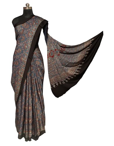 Image of Ethnics of Kutch Womenss Ajrakh Modal Silk Natural Dye Hand Block Print Saree with Blouse Piece - 5.5 Mtr Length