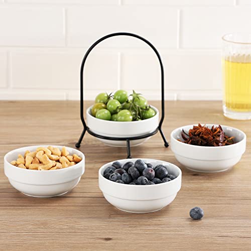 Buyajuju Set Of 4 Small Bowls With Black Metal Stand, 9 Ounces Porcelain Pinch Bowls For Kitchen, Small White Bowls For Dipping, Snacks, Condiments, Side Dishes, Ice Cream, Dessert, Fruits #TOP4