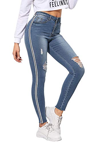 Milumia Women s Mid Waist Skinny Ripped Denim Jeans Stripe Side Pants Jeggings Blue Small