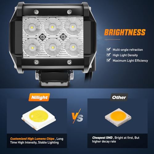 Image of Nilight LED Light Pods with Yellow Black Covers 2 PCS 18 W 1260LM | Flood Beam, Super Bright Off Road Driving Fog Boat Lighting for Trucks Pickup Golf Cart SUV ATV UTV 4x4 Van Camper