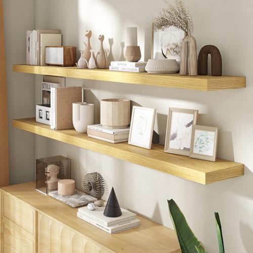 Image of 72 Inch Floating Shelves for Wall, 8 Inch Deep Floating Shelf for Storage & Display, Rustic Wall Mounted Shelf with Invisible Brackets for Living Room, Kitchen, Bathroom, Home Decor, Set of 2, Oak