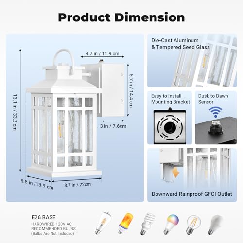 Image of Outdoor Wall Light with GFCI Outlet, White 2-Pack Outside Lanterns for Porch Wall Mount, Dusk to Dawn Outdoor Lighting for House, Garage, Entryway, Doorway, Aluminum Waterproof and Anti-Rust