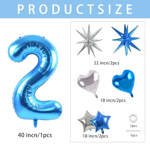 Image of TONIFUL 2nd Birthday Balloons Kit 40 Inch Blue Large Number 2 Foil Balloon | with 18Inch Helium Mylar Heart Star Shaped Balloons for Boy Men Birthday Anniversary Graduation New Year Eve Party Decoration