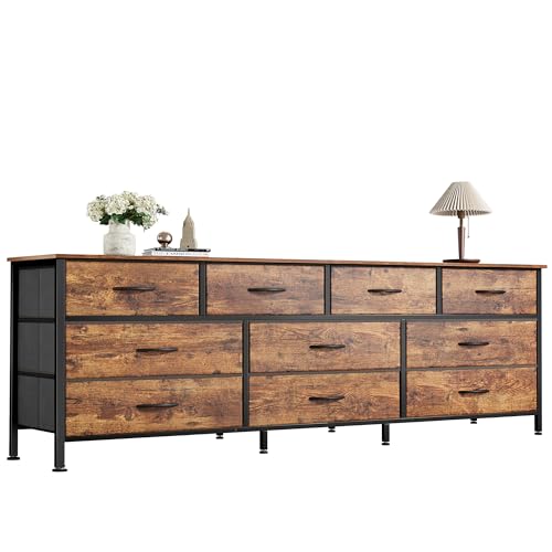 Huuger 63 Inch Dresser for Bedroom, Long Dresser with 10 Fabric Drawers, TV Stand for 55, 65, 70 Inch TV, Toy Storage Organizer for Closet, Rustic Brown