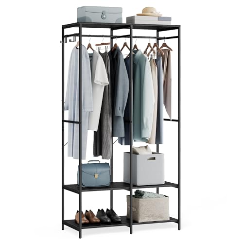 SONGMICS Kleiderschrank offen, Kleiderständer, Garderobenständer, Garderobe mit Kleiderstange, Ablagen, abnehmbare Haken, 40 x 94,5 x 180 cm, ebenholzschwarz RGR004B56