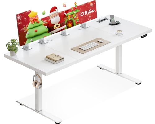 OffiGo Höhenverstellbarer Schreibtisch 200x70 cm, 35MM Tischplatte, Elektrischer Schreibtisch mit Steckdose, Standing Desk mit stabilen T-Beinen, Perfekte Ergonomie für Büro, Gaming, Weiß