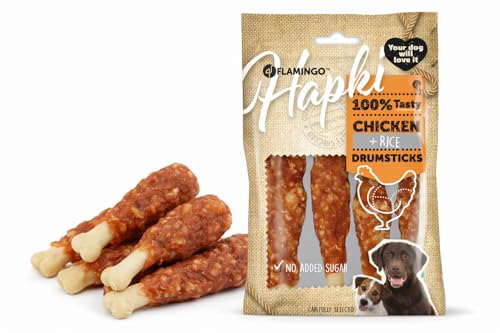 Snack per cani - Bastoncini per cani - Flamingo Hapki Coscia con pollo e riso - 10 cm - 85 g - senza zuccheri aggiunti