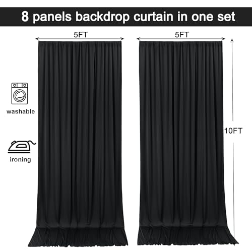 Image of 40x10ft Black Backdrop Curtain for Wedding Parties Wrinkle Free Fabric Black Drapes Backdrop Decoration for Baby Shower Birthday Photography Decoration 8 Panels, 5ft x 10ft