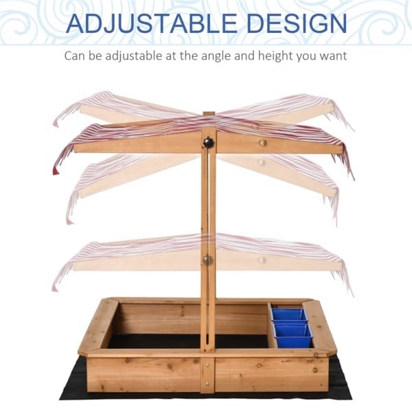 Kids Sandbox for Girls and Boys, Bench Seats Wooden Sand Pit, Large Sandpit for Kids Outdoor with Adjustable Canopy Backyard Play, Ages 3-7 (Brown)