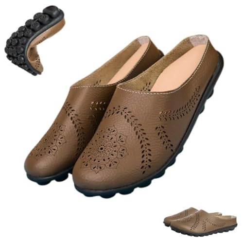 Womens Hollow Out Breathable Mule Sandals Closed Toe Sandals Flats Softsole Lightweight Leather Loafer Slippers (Brown,25.0 cm) 