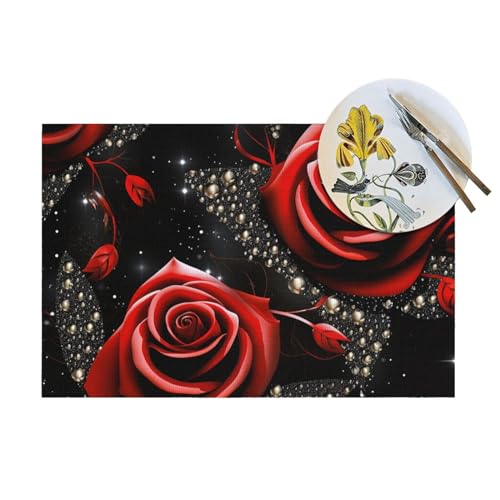Lot de 6 sets de table tissés roses rouges lavables - 6