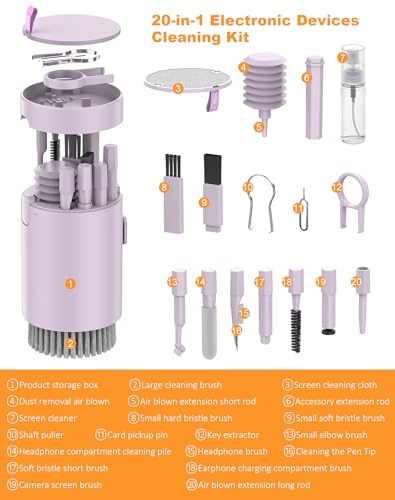 20-in-1 Laptop Phone Screen Keyboard Cleaner Kit, Multifunctional Cleaning Kit for AirPods, iPhone, iPad, Electronic Device Cleaning Tool for Camera PC Monitor Earbud TV Tablet Phone Car Screens